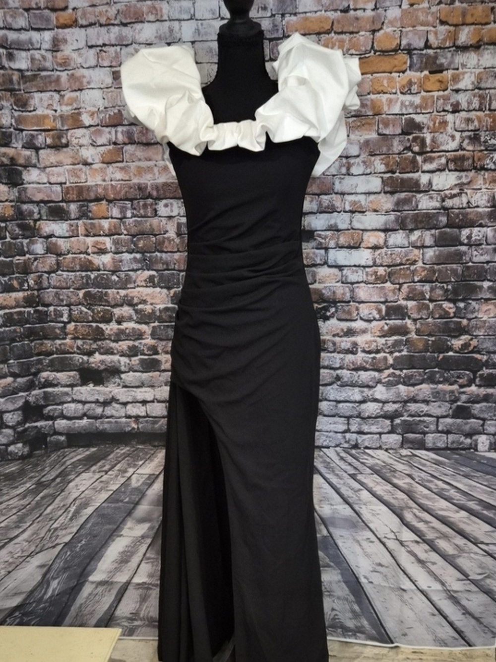 Baby Boo Elsie Elegant Black Maxi Gown with White Ruffled Shoulder
